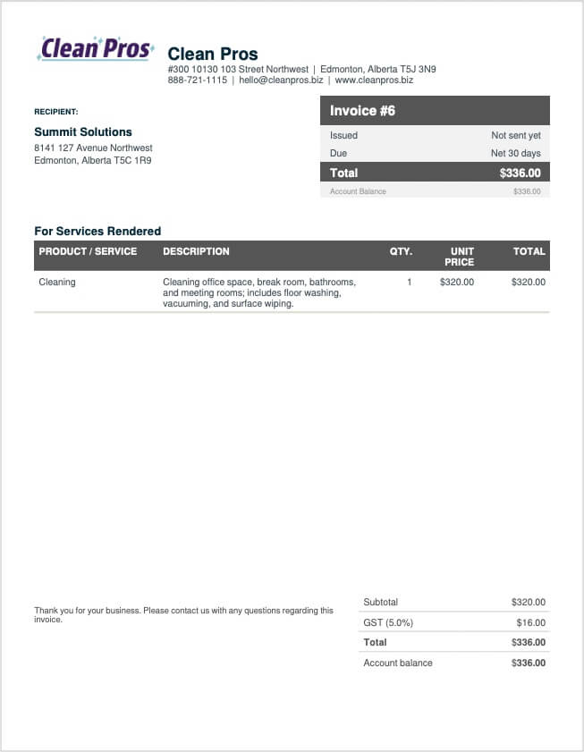 Commercial cleaning invoice example made with Jobber template