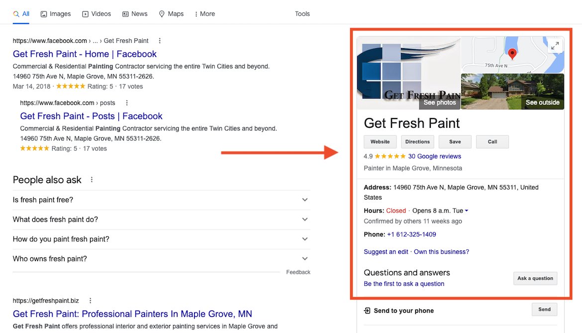 Example of a Google Business Profile for a painting company