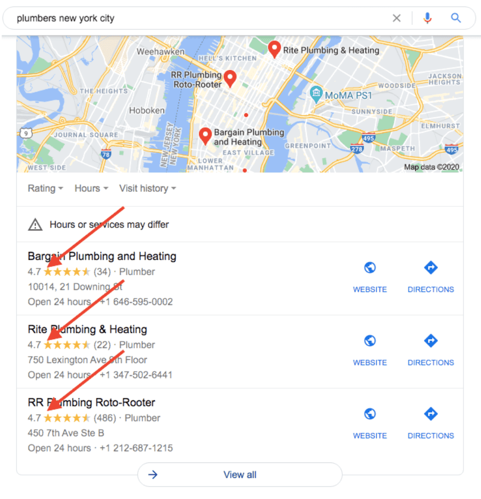 image of plumbing company star ratings on Google