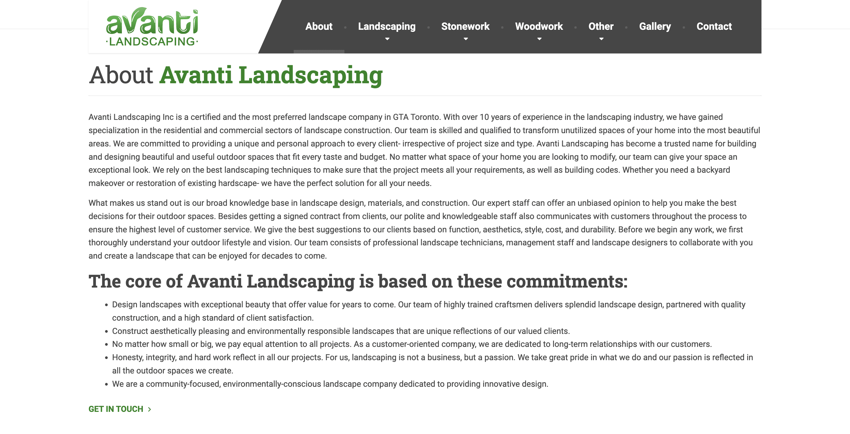 Screenshot of the Avanti Landscaping landscaping website