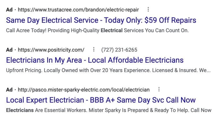 image of electrician Google search ads