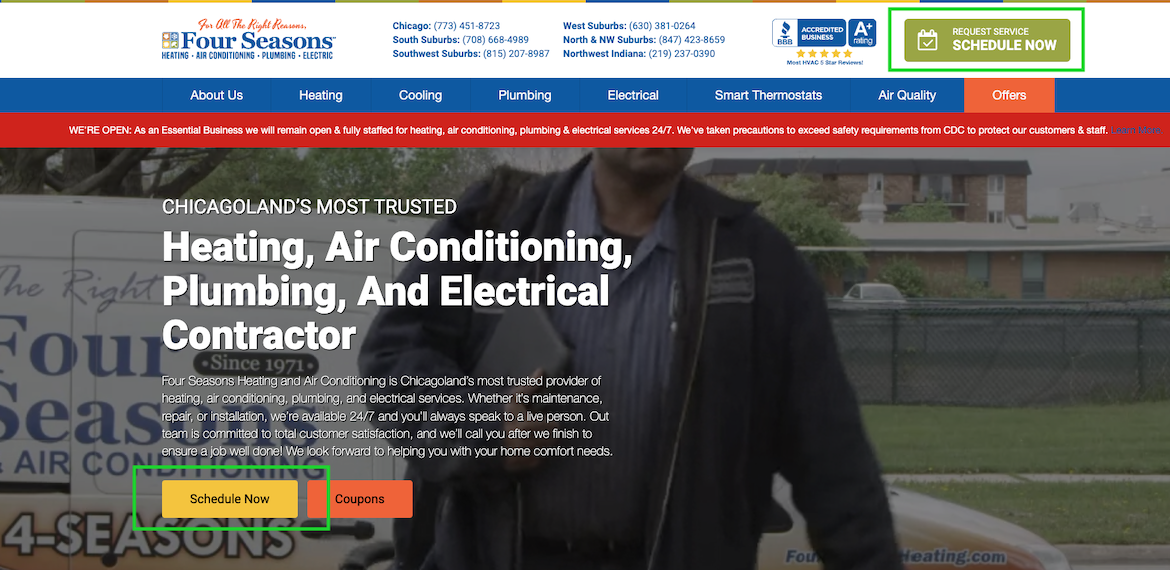 Example of an HVAC website homepage with multiple ‘Schedule Now’ buttons