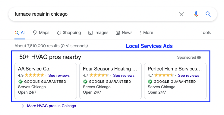 Examples of HVAC companies using Google's Local Services Ads