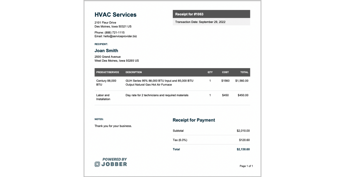 Free HVAC Receipt Template Edit & Download Jobber