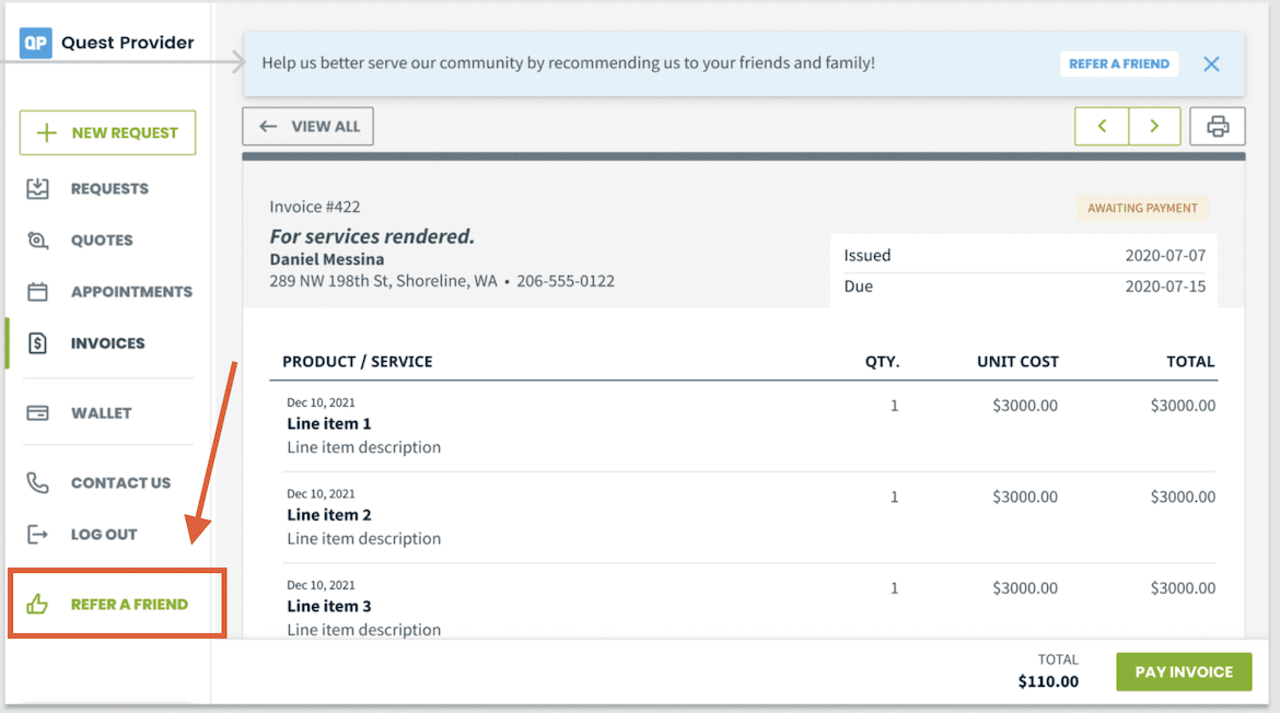 The customer referral program button beside an invoice in the Jobber client hub