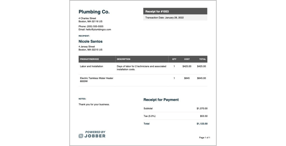 Free Plumbing Receipt Template Edit & Download Jobber