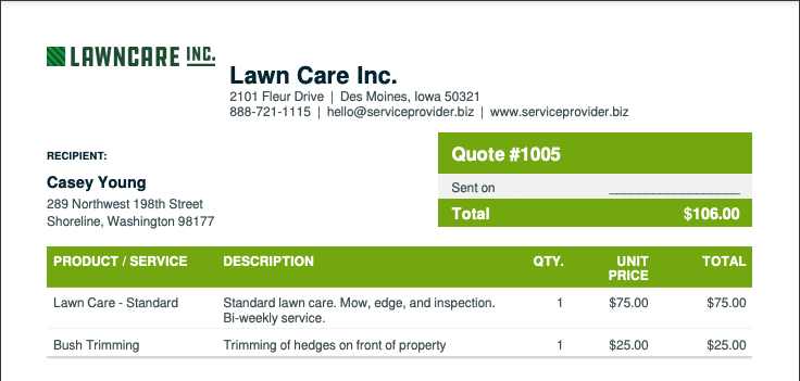 sample lawn care quote created in Jobber