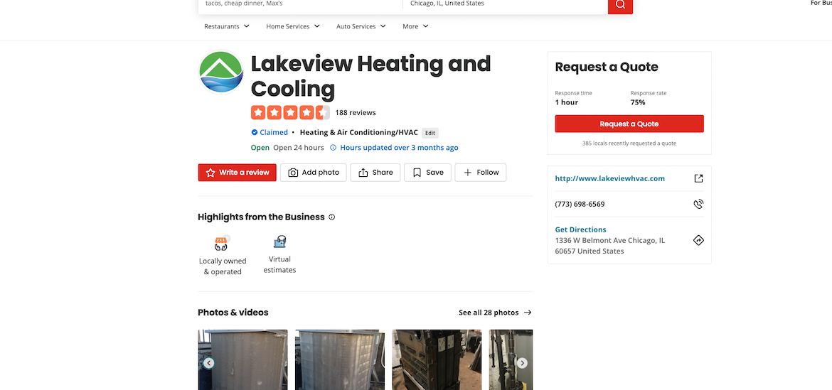 Example of a Yelp for Business listing for an HVAC company