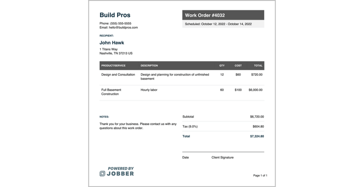 Free Contractor Work Order Template Edit & Download Jobber