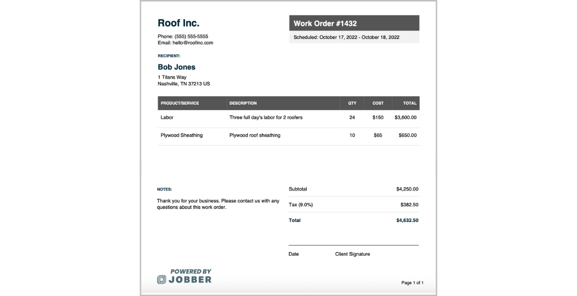 Roofing Work Order Template