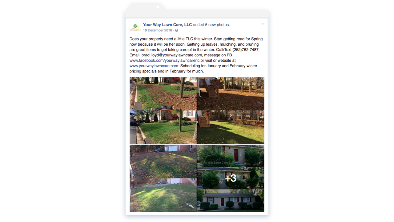 Facebook post showing photo gallery from Your Way Lawn Care