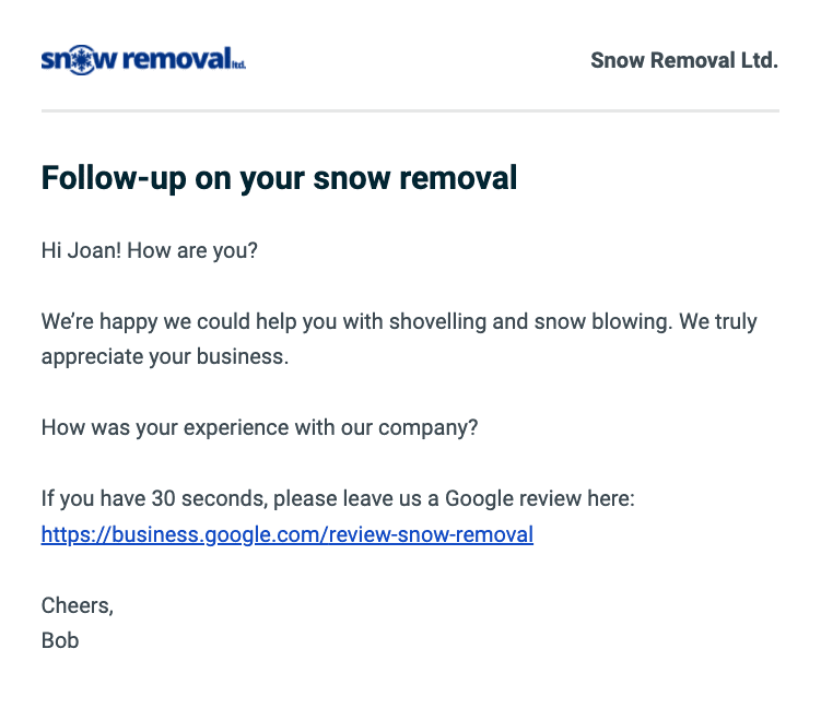 Example of a snow removal company asking a customer for a Google review over email