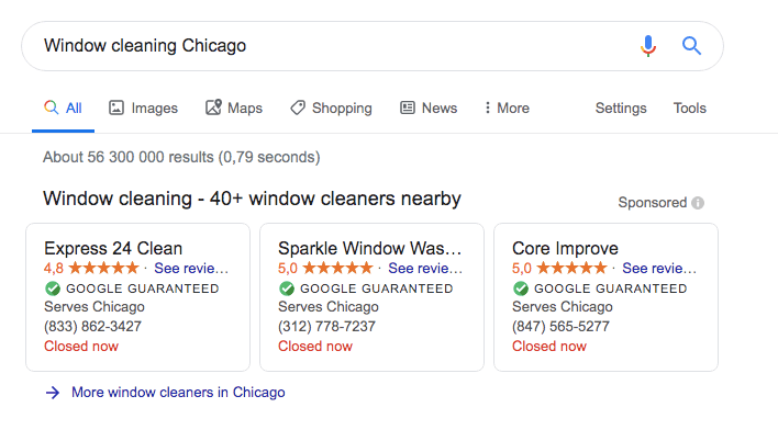 Google Local Services Ads results for Window Cleaning Chicago