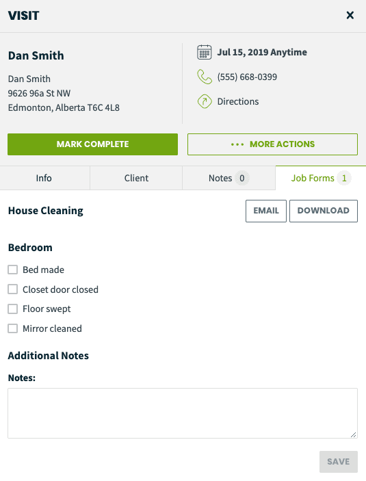 Screenshot of a house cleaning visit job form in Jobber’s home service software