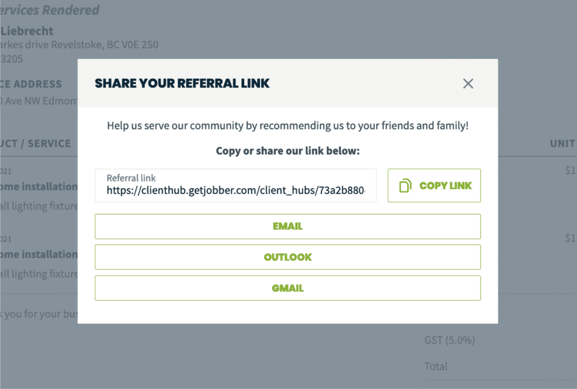 Example of a shareable referral link in the Jobber client hub