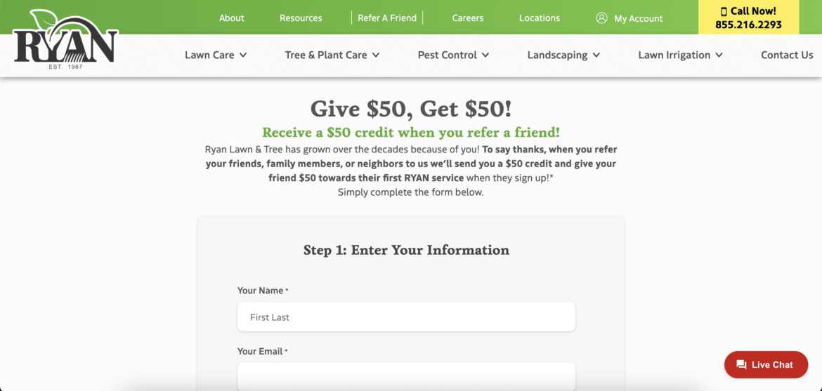 A customer referral program form on the Ryan Tree & Lawn website