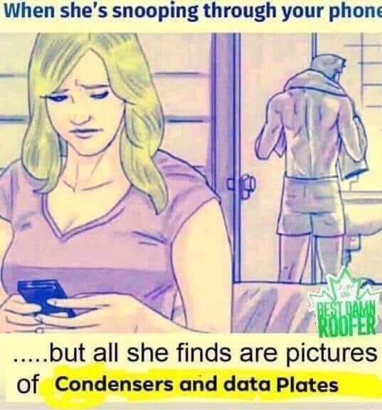 Cartoon woman looking through her partner’s phone. The caption says “When she’s snooping through your phone… but all she finds are pictures of condensers and data plates”
