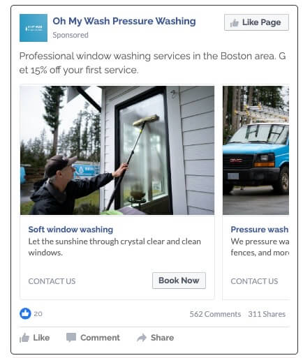 image of pressure washing Facebook carousel ad example