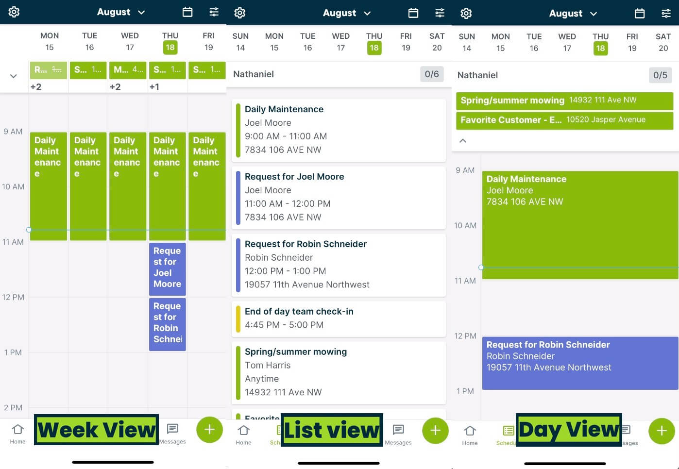 Three schedule views in Jobber