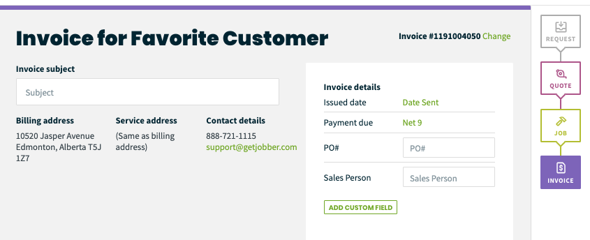 image of customer details and invoice number automatically generated in Jobber's invoicing software