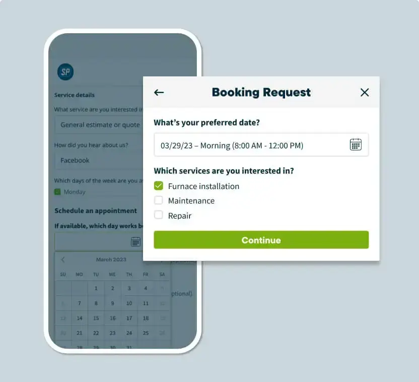 A mobile phone displays a screenshot of Jobber's booking request form.