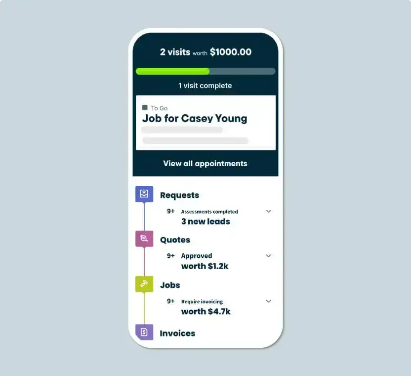 A mobile phone displays a screenshot of Jobber's job management software