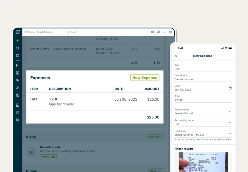 An expense in Jobber showing the expense description, date, dollar amount, and more expense details in the Jobber mobile app