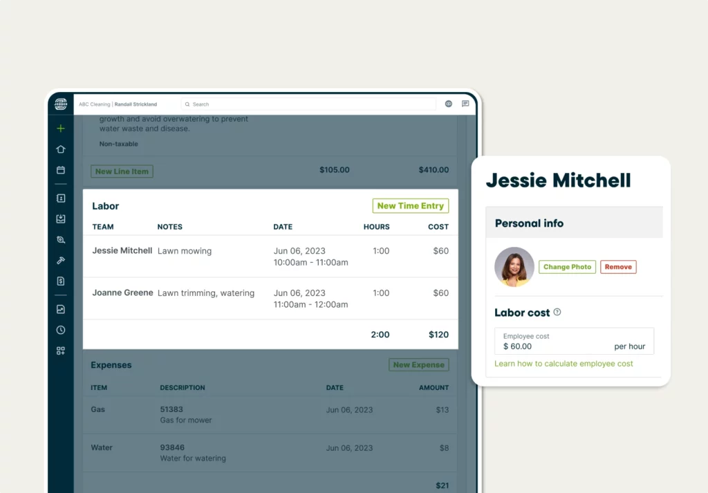 Labor hours and labor costs associated with a specific team member in Jobber