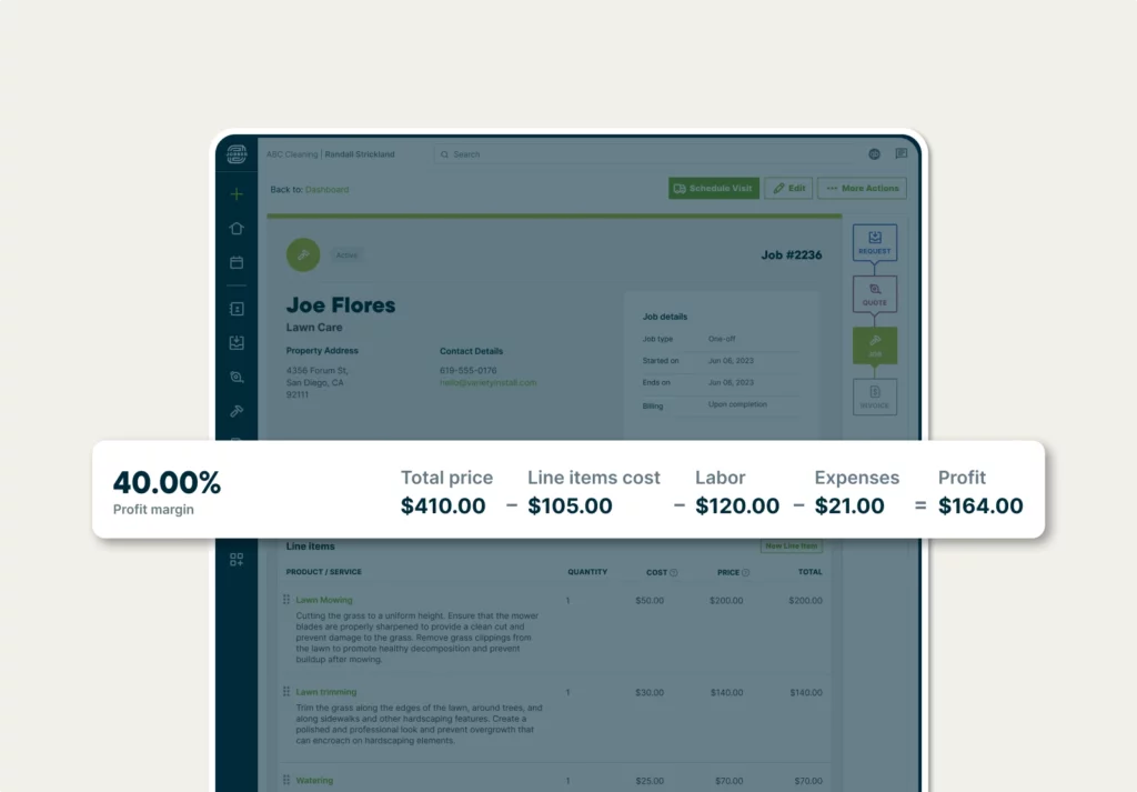 Job profit bar showing the profit margin and job costs on a quote in Jobber