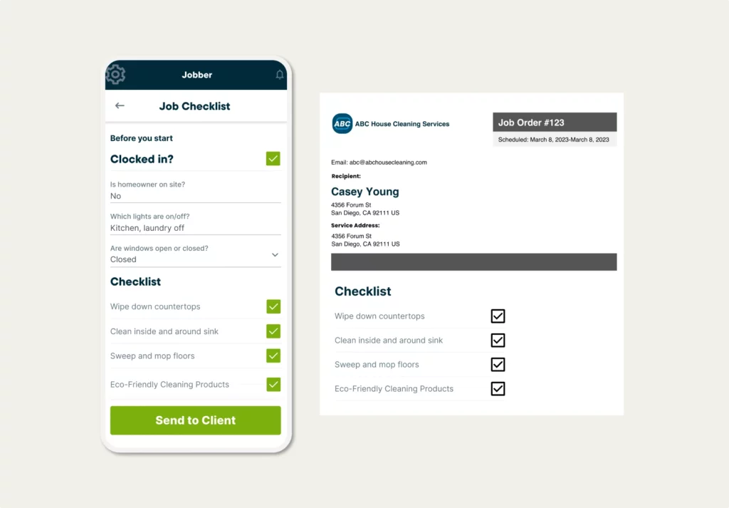 Job checklist in the Jobber mobile app and on a PDF with cleaning job tasks