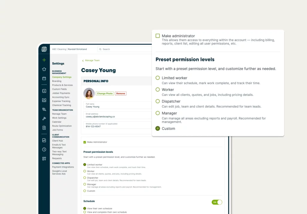 Customizable team permission settings in Jobber