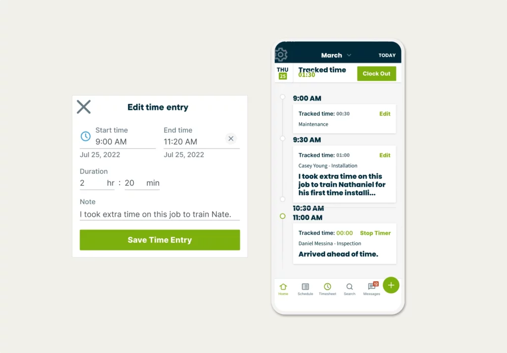 Tracked time logs and a time entry pop-up window in Jobber