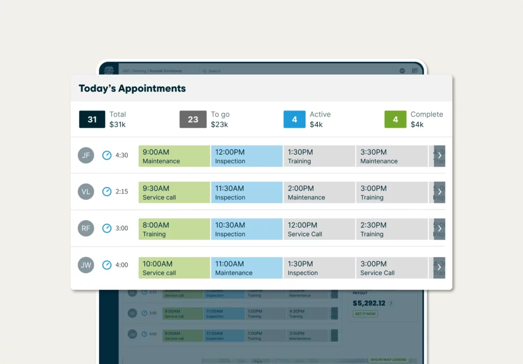 View of “today’s appointments’ with scheduled times and visit types in Jobber’s business dashboard