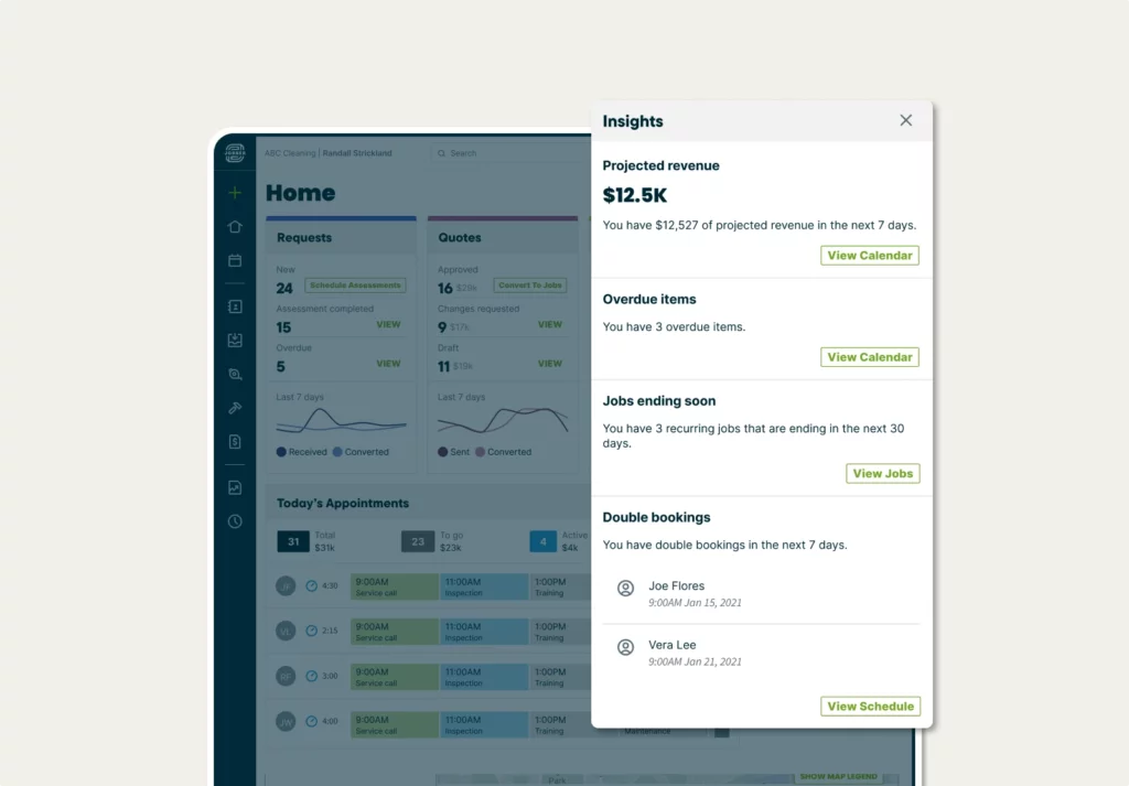 Insights window in Jobber showing projected revenue, overdue items, jobs ending soon, and double bookings