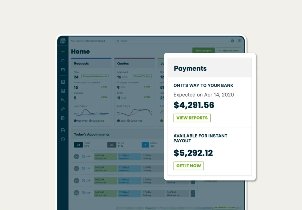 Payments tracking window in Jobber showing funds available for instant payout