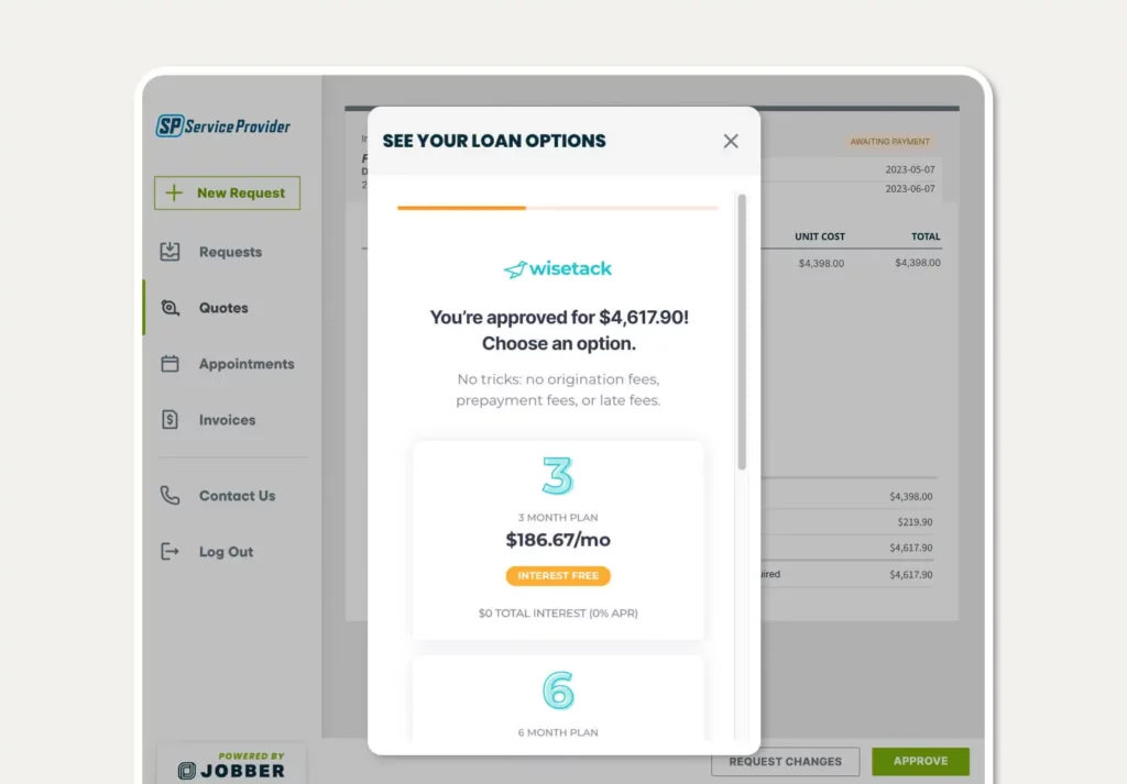 Wisetack consumer financing loan options for a quote in Jobber