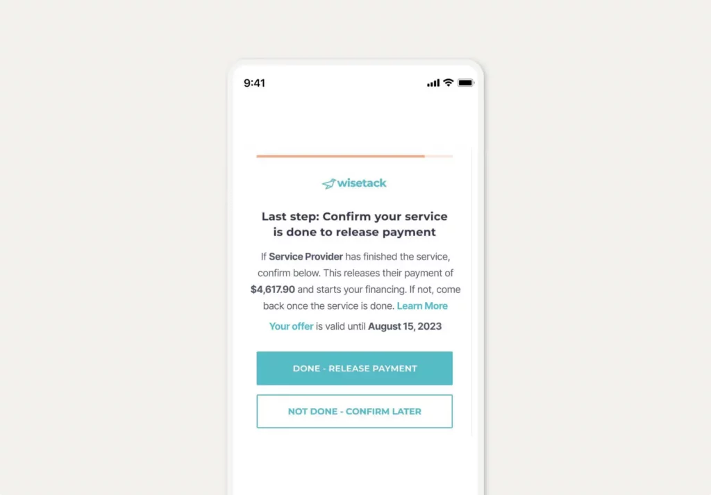 Wisetack confirmation message for a financed payment to be released