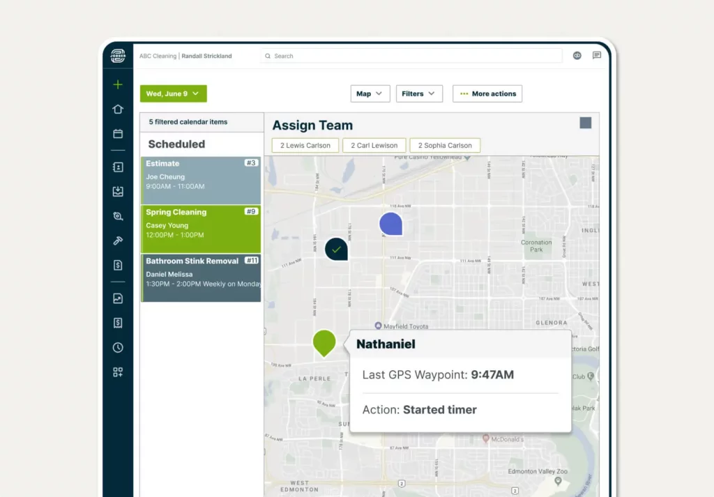 Employee GPS locations shown on a map view in Jobber