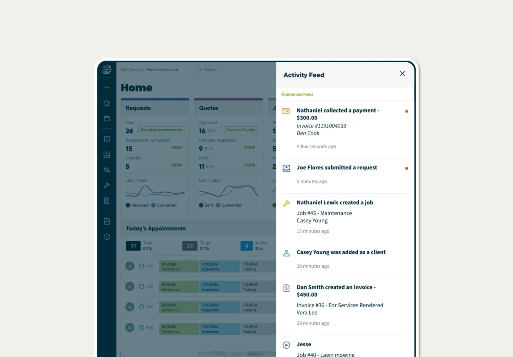 Activity feed in Jobber showing recent customer payments, requests, invoices, and more