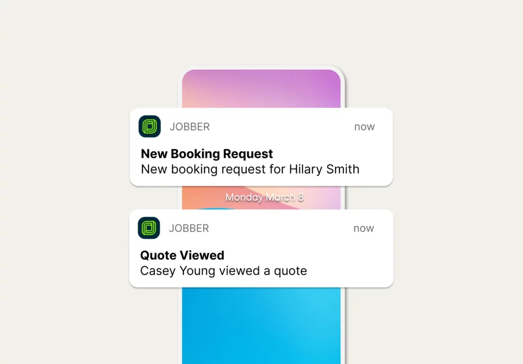 New booking request message and a notification of a quote viewed by a customer in the Jobber mobile app