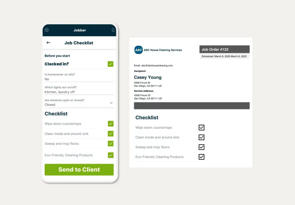 Custom job checklist in Jobber with checked items and a printed version of a job order with checklist items