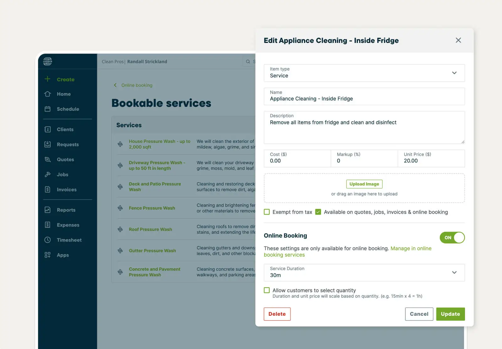 Bookable service settings in Jobber's online booking software