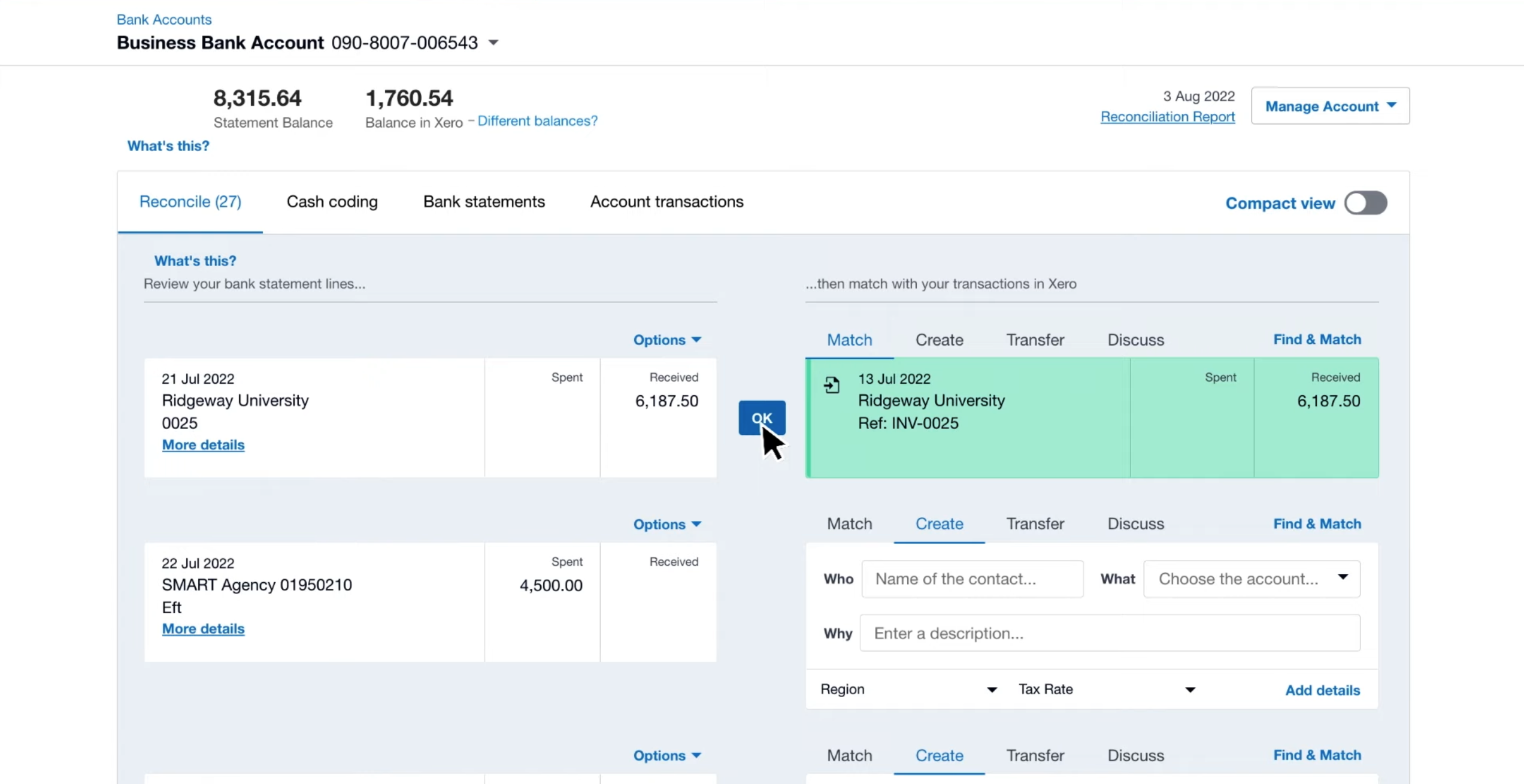 Bank reconciliation in Xero