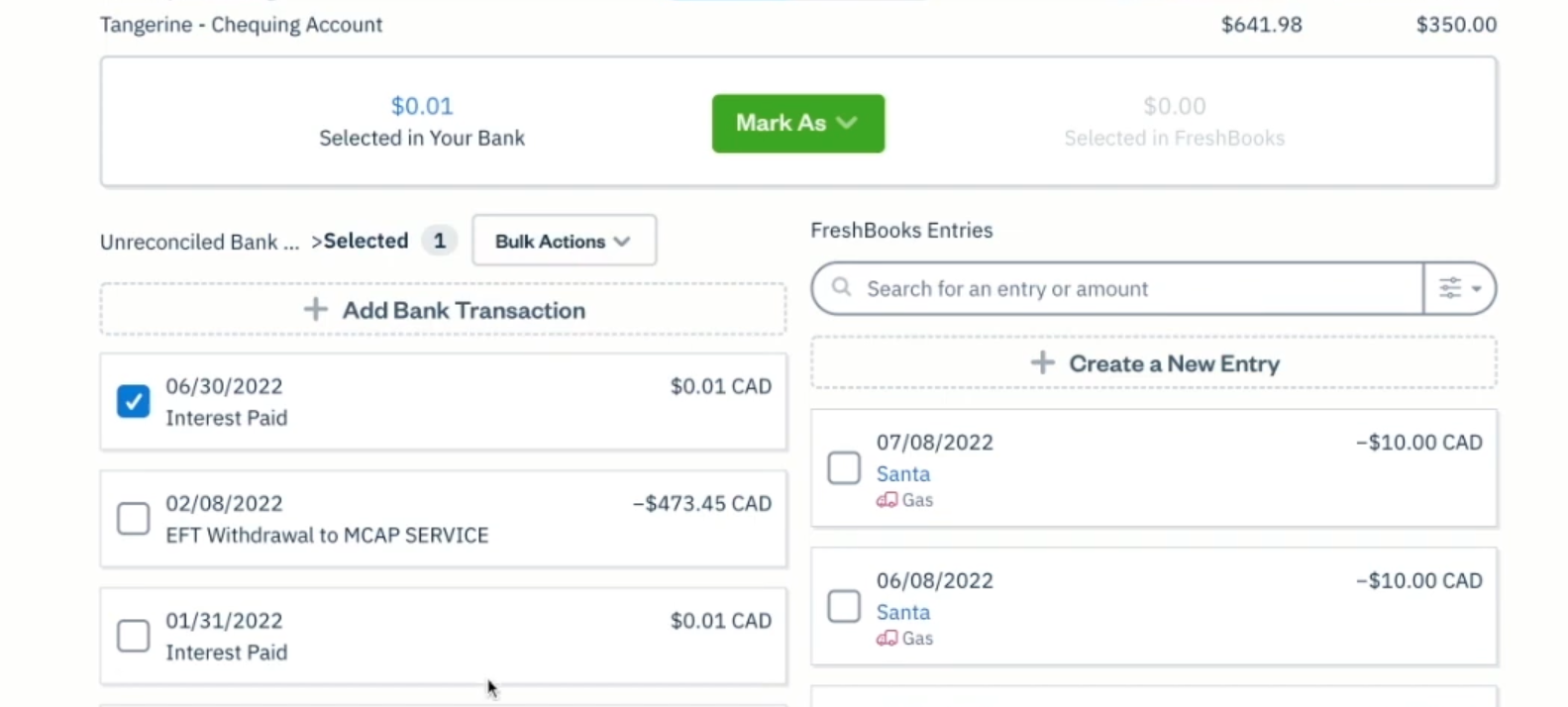 Bank reconciliation in FreshBooks