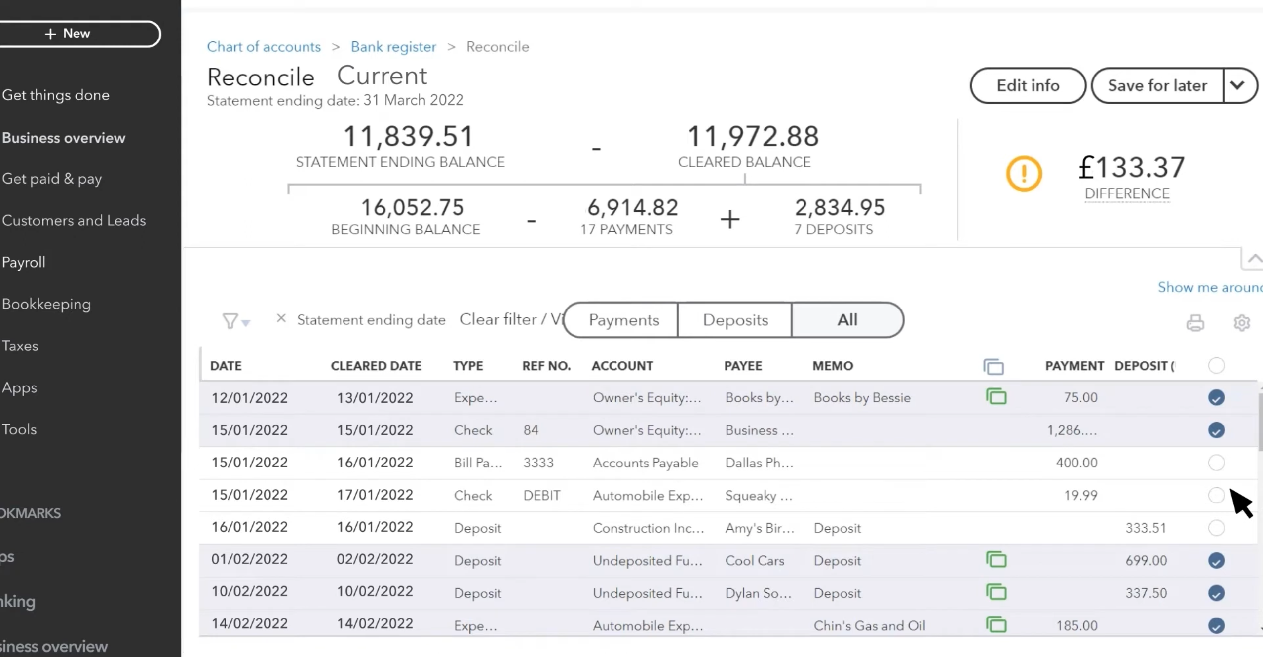 Bank reconciliation in QuickBooks