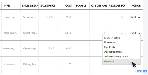 Reordering inventory in QuickBooks