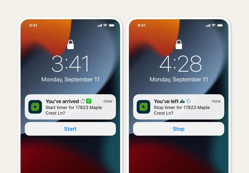 Side by side of two phones, one with a push notification reminder to start a timer and the other with a reminder to stop the timer